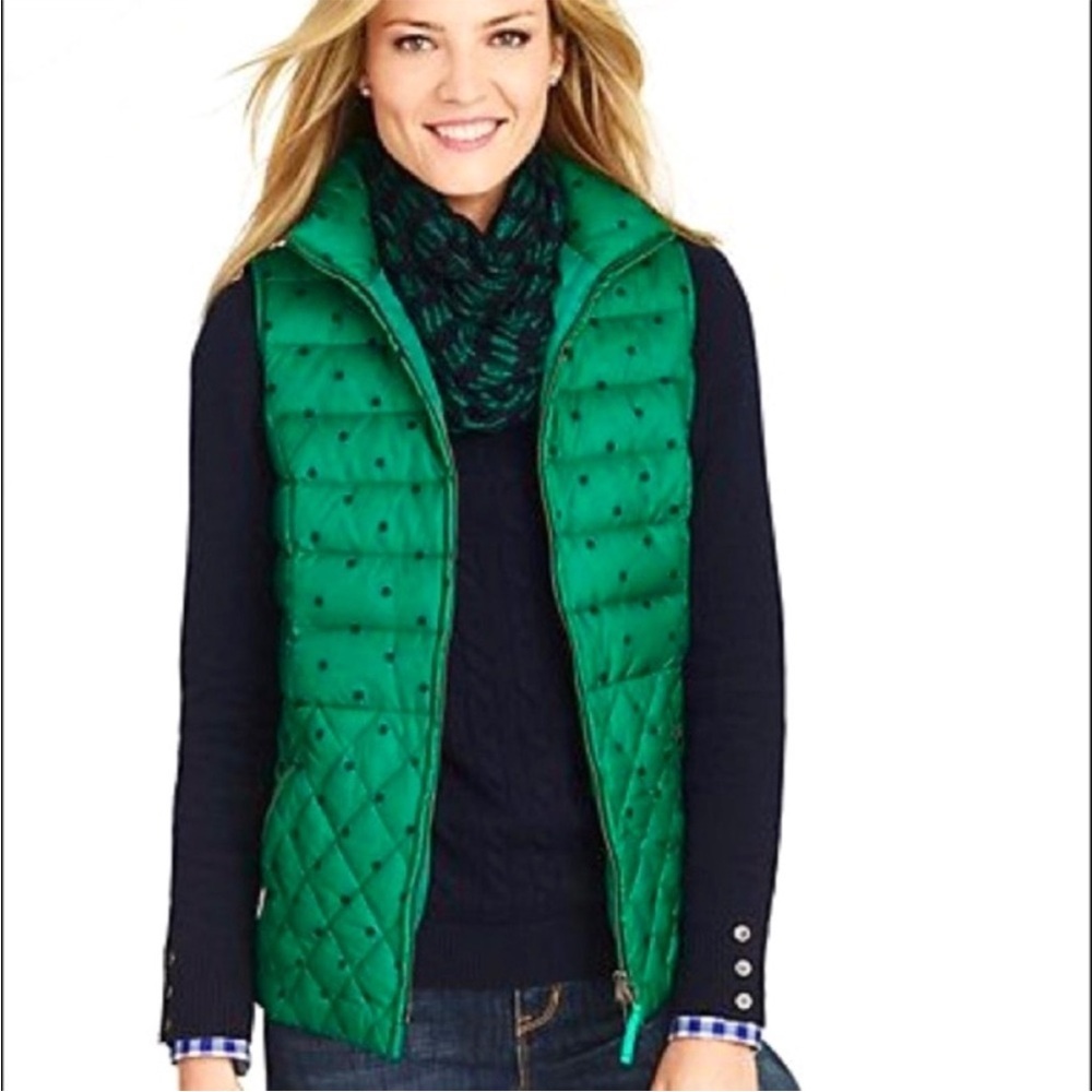 Talbots Polka Dot Down filled Puffer Vest Kelly Green Large Full Zip
